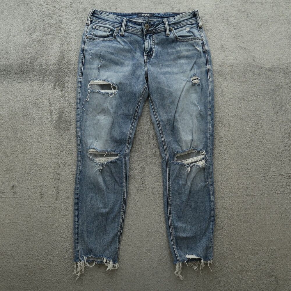 Silver Jeans Women's Size 27 Blue Low-Rise Sam Skinny Denim 27" Inseam Destroy